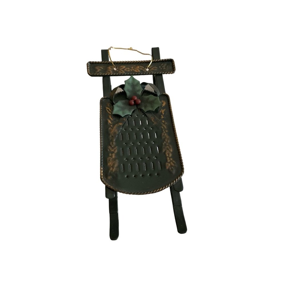 Christmas Sleigh Metal Ornament Hunter Green Holly Vintage Style
